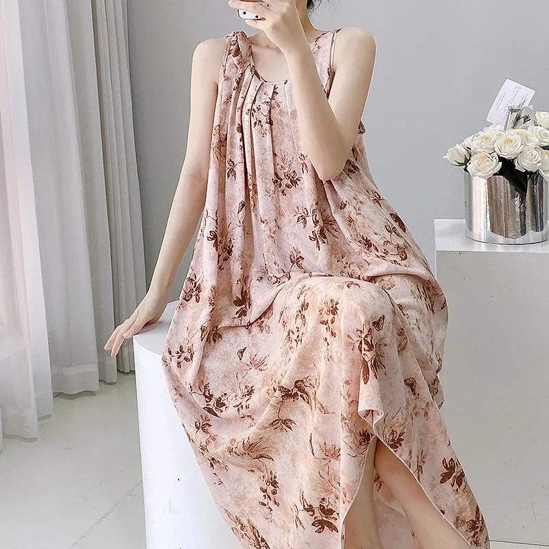 Cotton Rayon Nightgown Women's Summer Nightdress Thin New Chinese Style Floral Sleepwear Home Wear Sleeveless Sexy Long Dress