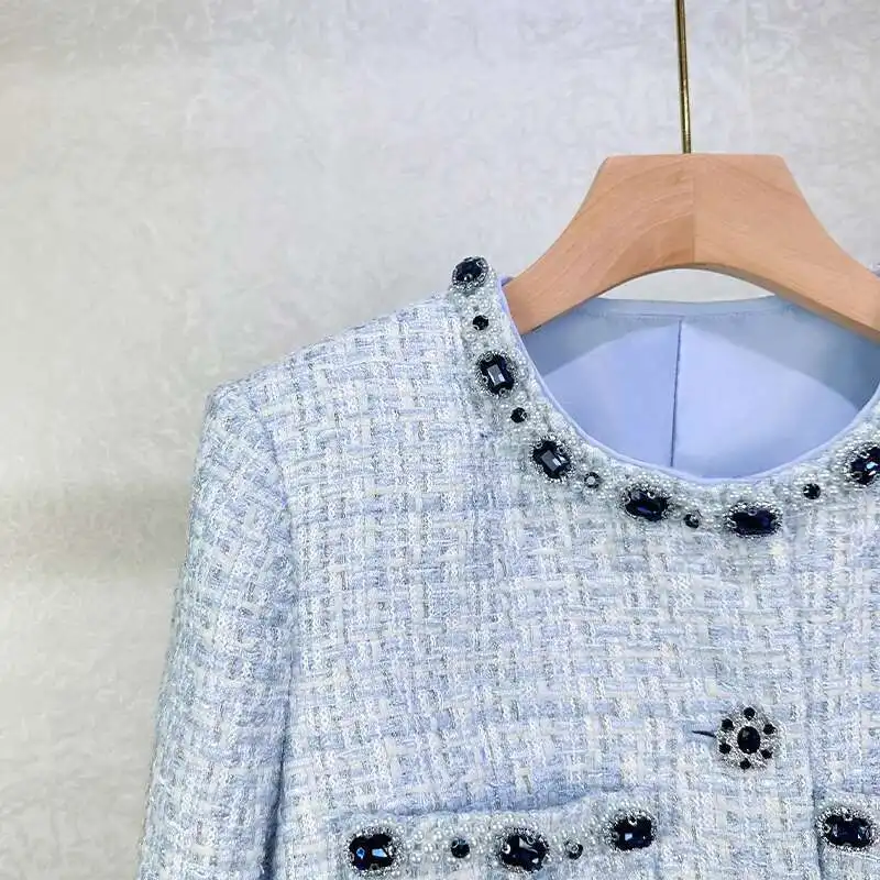 

Платье с кристаллами, комплекты из 2 предметов, женские твидовые куртки, синие пальто, короткие юбки A E, офисные женские рабочие повседневные наряды BabYoung