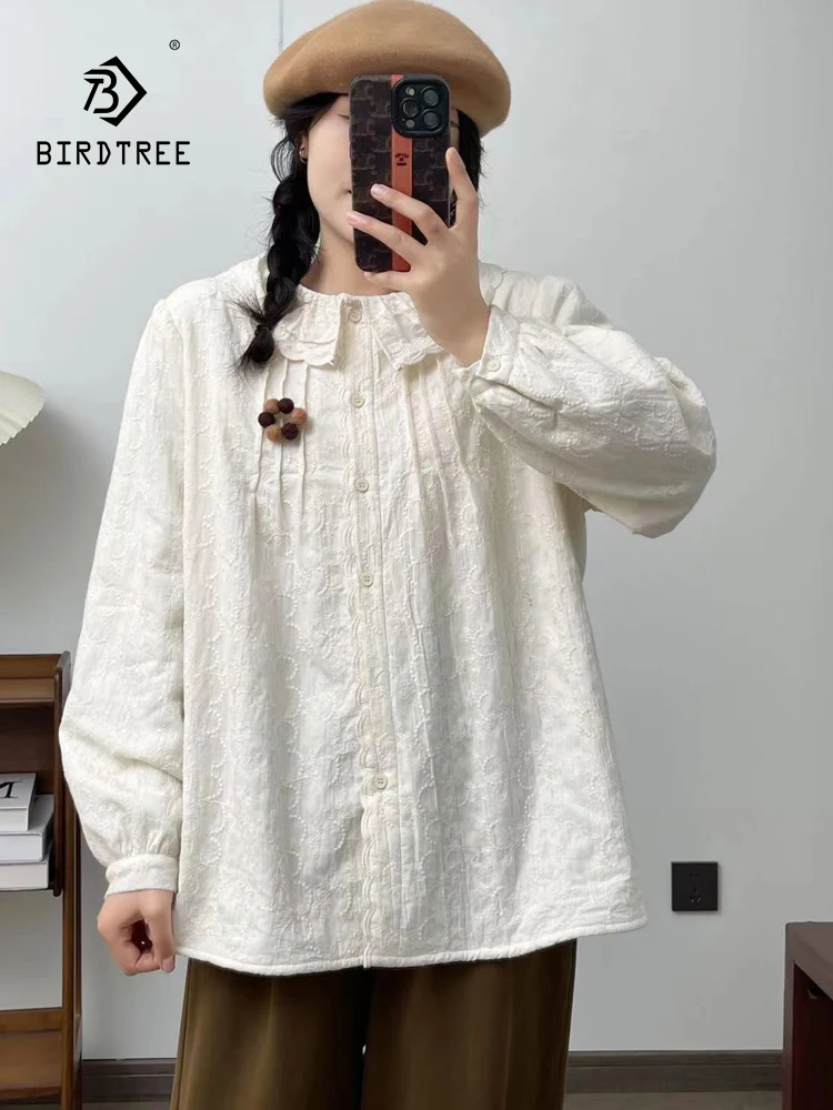 

New 2025 Autumn Cotton Long Sleeve Fleece Shirt, Women Peter Pan Collar Embroidery, Mori Girl Warm Sweet Loose Blouse T5O727CC