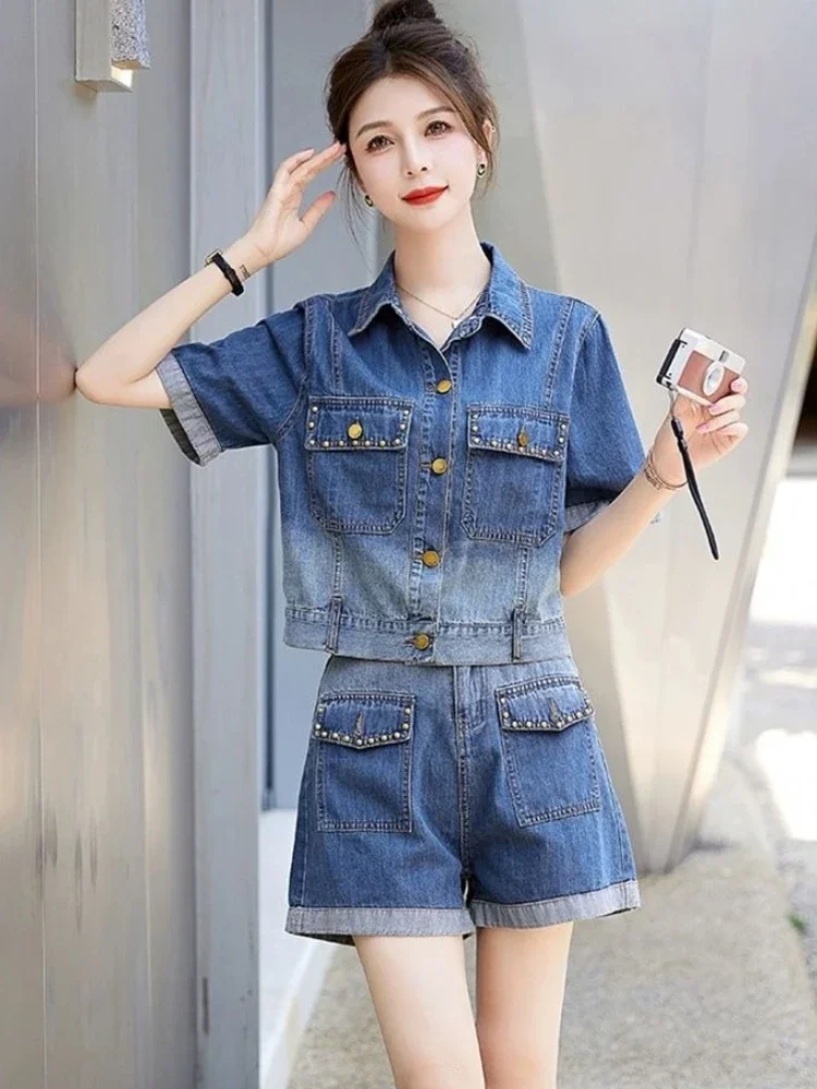 

Denim Women's Short Sets 2 Pieces Pocket Straight Casual Clothing Trend 2025 Trends Novelties Top and Bottom Full Female Shorts