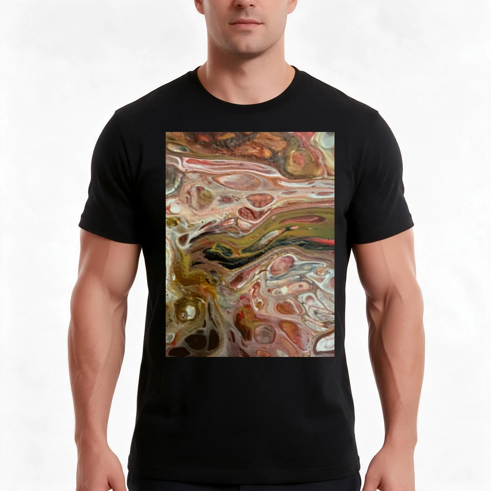 Red and Gold pour painting T-Shirt, Summer Casual Cotton Tee, Oversized Streetwear Tops, Vintage Graphic Print, Unisex Men Women