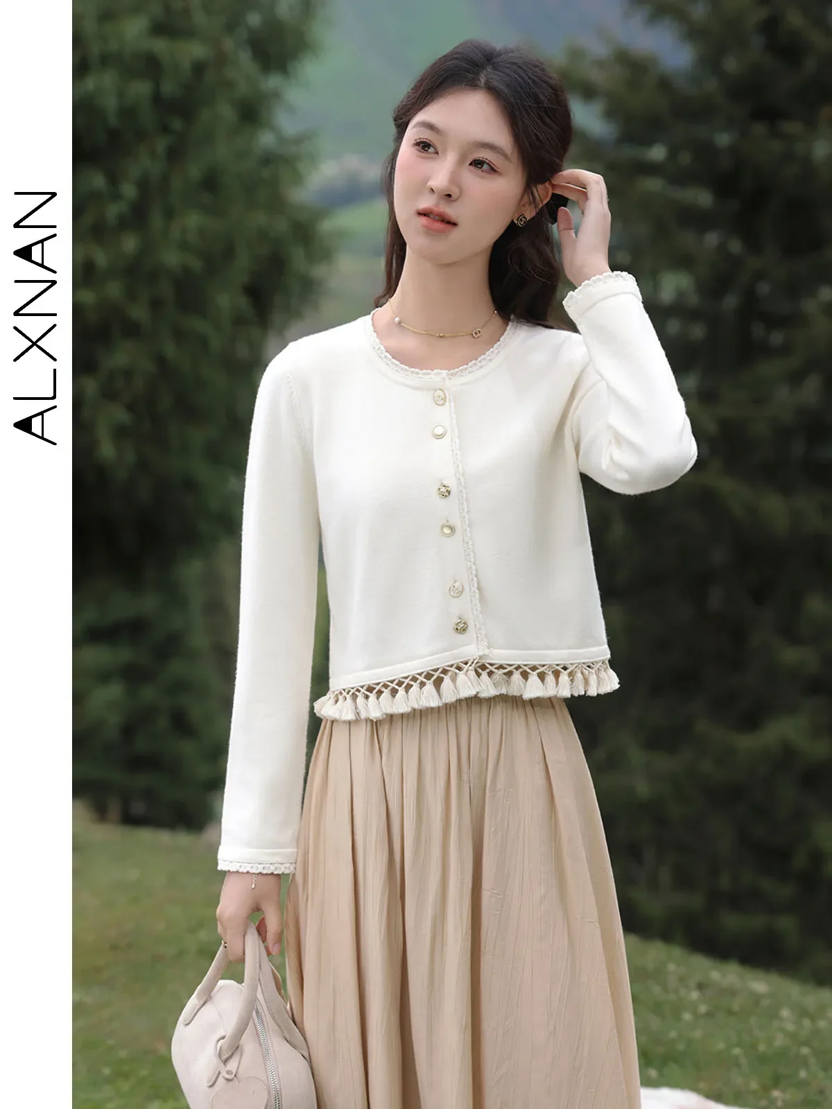 ALXNAN Women's Casual Cardigans 2024 Autumn Winter New Apricot Soft Round Collar Long Sleeve Tassel Hem Female Knitwear L39331