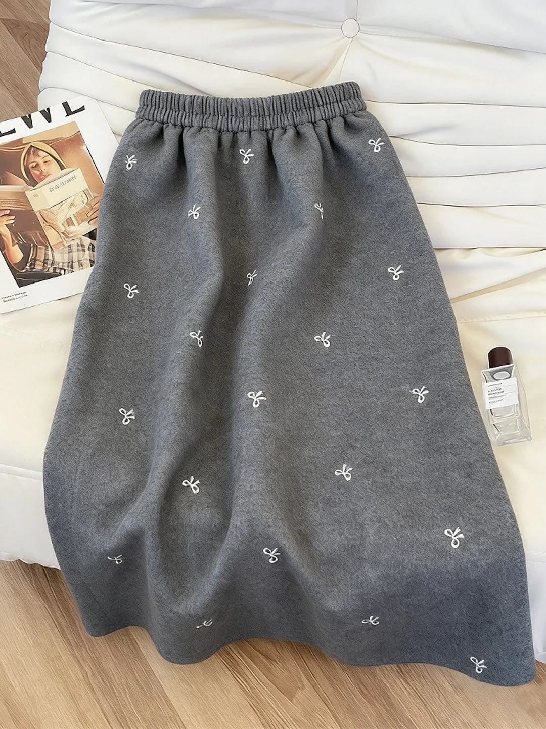 Large Size A-Line Skirt with Embroidery Wrap around Women's Commuter Faion Versatile High Waist Mid-Length Knot