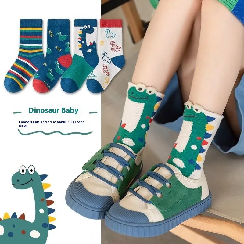 ‌Boys Girls Cartoon Dinosaur Mid-Crew Socks Soft Breathable Sport Striped Cotton Socks for Children Spring Athletic Casual Wear‌