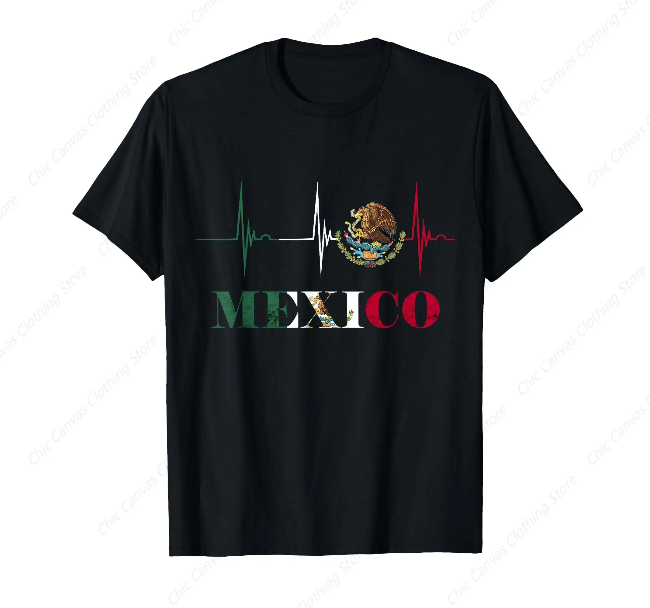 

Heartbeat EKG Pulse Mexico Badge Printed Shirt Mexican Flag Pride Cotton T-shirt