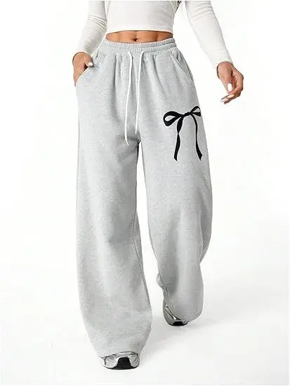 Damen-Jogginghose mit geradem Bein, grafischem Schleifenmuster, weites Bein, elastischer Bund, Lounge-Hose, Lounge-Jogginghose mit Taschen