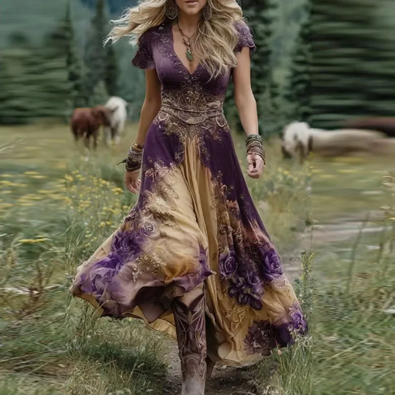 Abito lungo sexy retrò etnico con scollo a V Donna Elegante Boho Stampa A-Line Abito maxi con maniche corte estivo Abito da sera per le vacanze