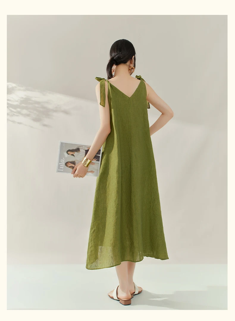 Eleganckie francuskie sukienki letnie w stylu casual na wakacje, sznurowane, z kokardą, na ramiączkach, z dekoltem w serek, z wysoką talią, luźne, w kształcie litery A, bez pleców, zielona długa sukienka damska.