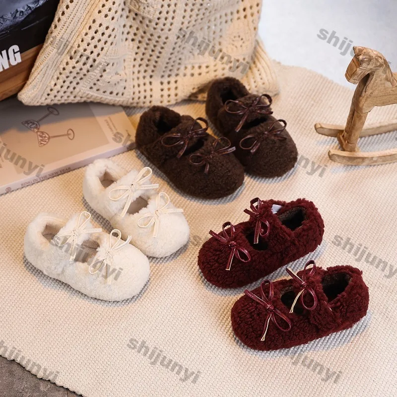 2026 Autumn Winter Korean Fur Cover Toe Children's Casual Shoes Bow Plush Flat Plush Shoes for Girls Non-slip Cotton Shoes
