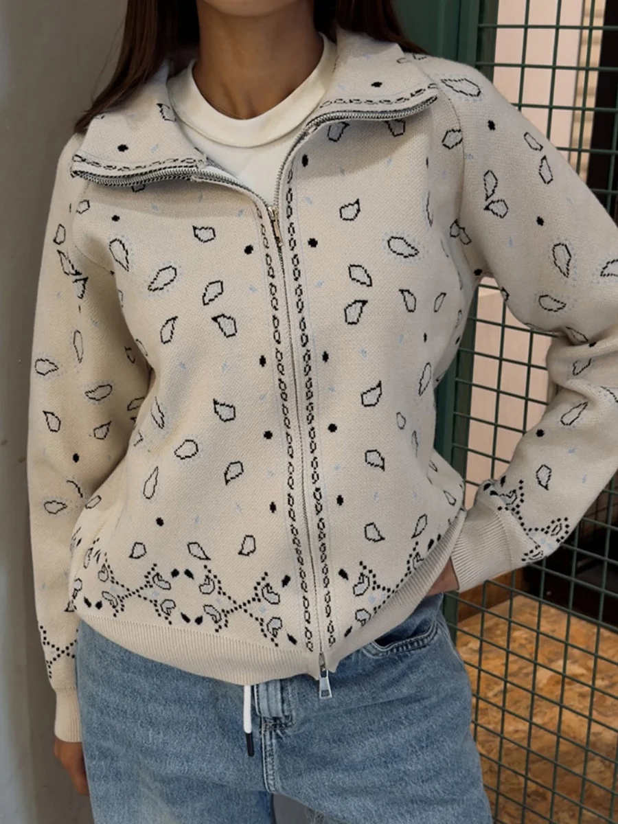 Women's Knit Printed Cardigan Vintage Stand Collar Long Sleeve Zipper Loose Fit Sweater 2026 Autumn Winter New Casual Female Top