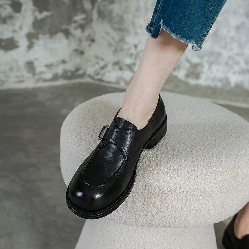2026 new spring autumn women pumps natural leather 22-25 cm washed cowhide+sheepskin+pigskin round toe women shoes Retro loafers