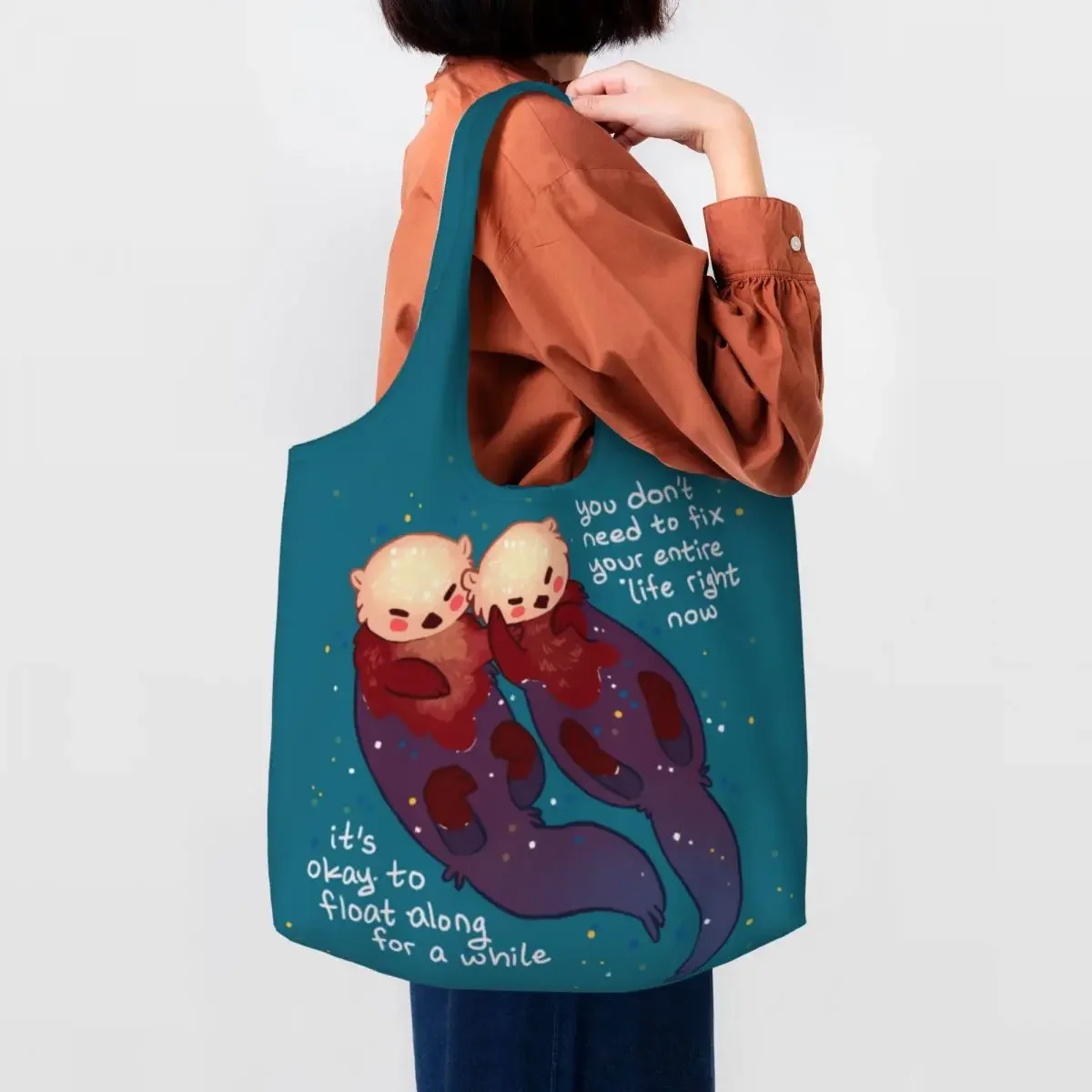 

Cute Couple Otters Grocery Shopping Bag Print Canvas Shopper Tote Shoulder Bag Large Capacity Durable Kawaii Pet Otter Handbag