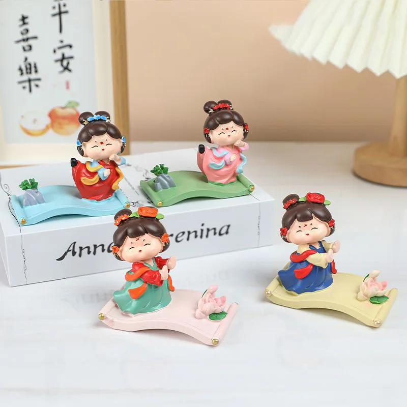 

Traditional Chinese Tang Dynasty Girl Phone Holder Resin Figurine Cute Cartoon Lady Desktop Stand for Creative Ornament Gift