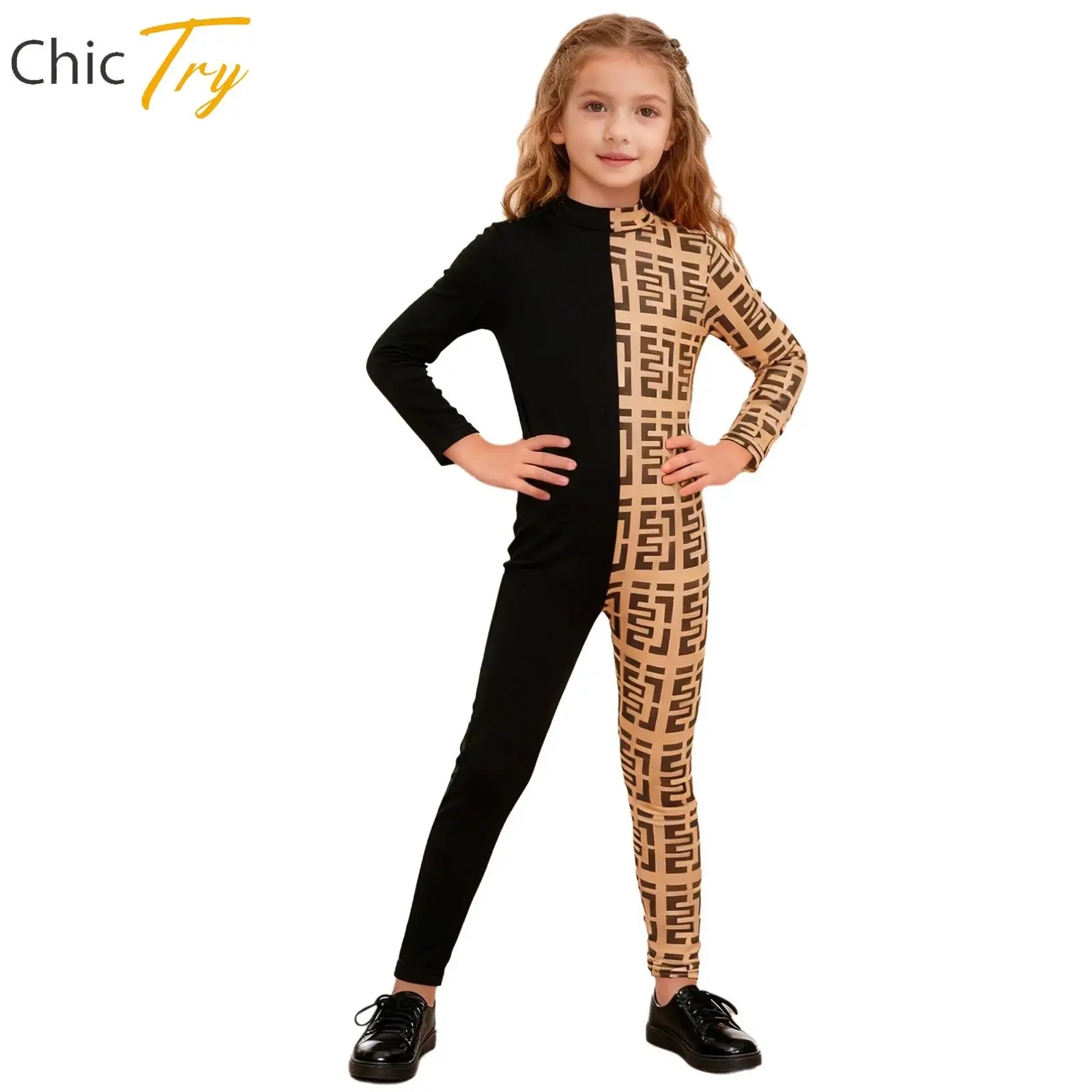 

Kids Girls Gymnastics Figure Skating Dance Jumpsuit Long Sleeve Contrast Color Bodysuit Workout Jumpsuit Performance Dancewear
