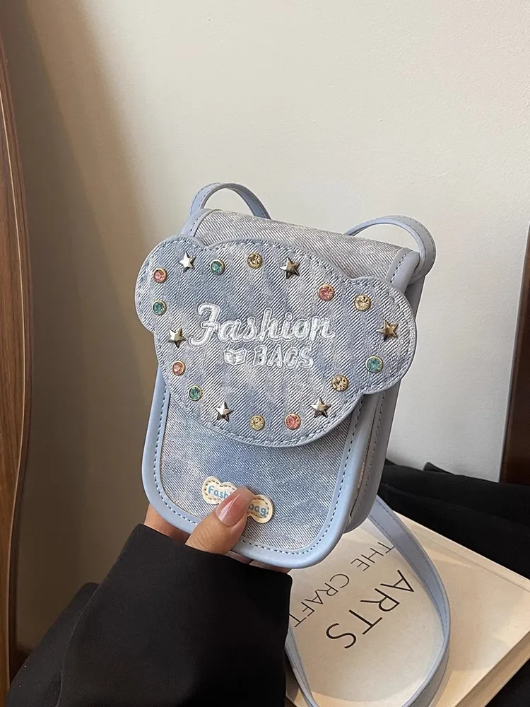 

Colorful rivet denim fashionable crossbody phone bag small square Cell Phone Wallet Purse for Women