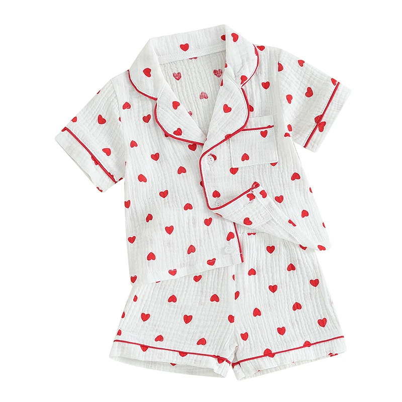 Toddler Baby Girl Valentine s Day Pajamas Set Heart Button Down Short Sleeve Sleepwear Loungewear 2 Piece Pjs Set