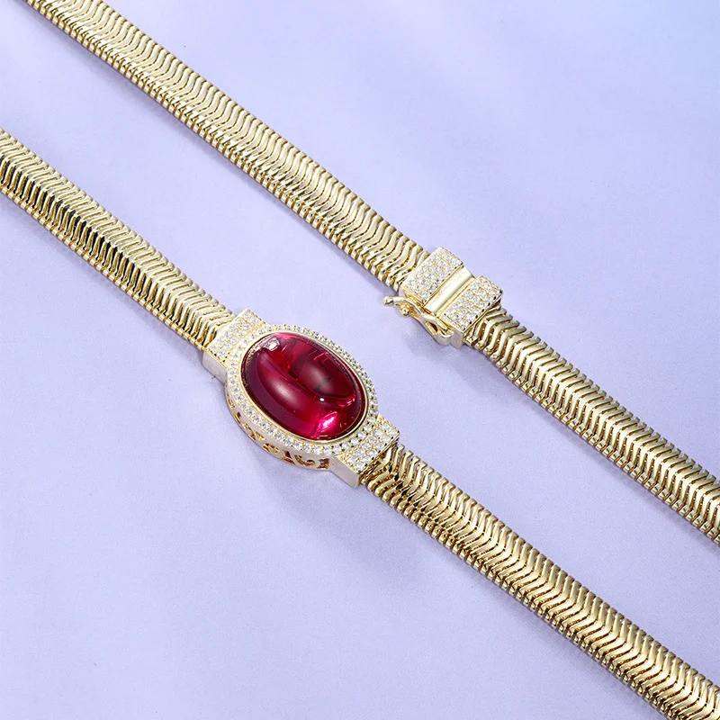 Bellux European and American Vintage Fashion Jewelry S925 Silver Oval Red Corundum Ruby Necklace Torques