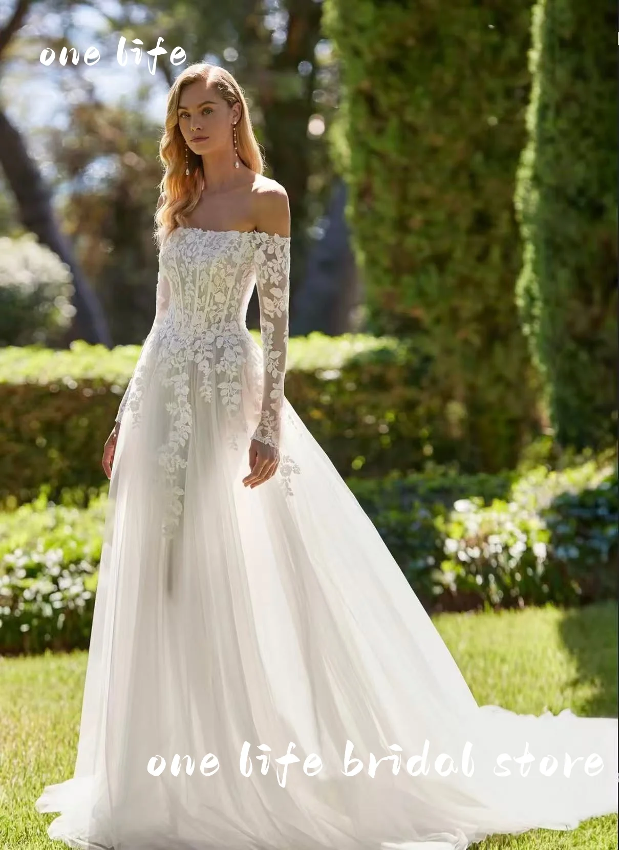 

OL Богемное свадебное платье трапециевидной формы с длинными рукавами и кружевной аппликацией, свадебное платье принцессы с открытыми плечами, тюлевое женское платье по индивидуальному заказу