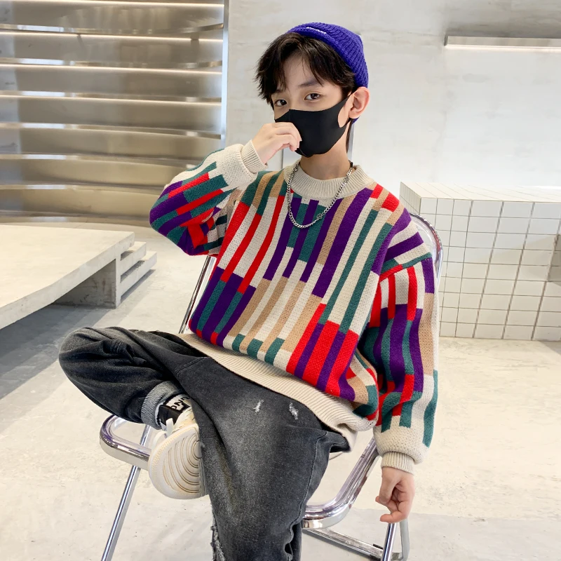 Cool Kids Multi-colored Stripe Sweater For Boy Spring Autumn Knitted Streetwear Clothing Teenage Child Colorful Sweater Knitwear