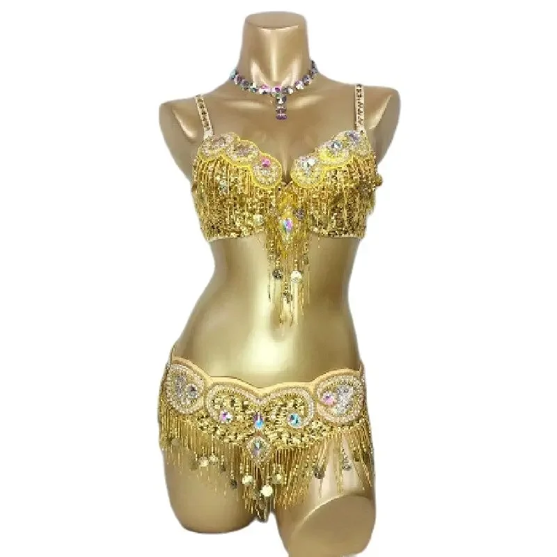 Carnival Belly Dance Wear Bra and Belt Stage Set Gold Performance Outfit for Women Sexy Rave Show Outfit Handmade Beads Clothes