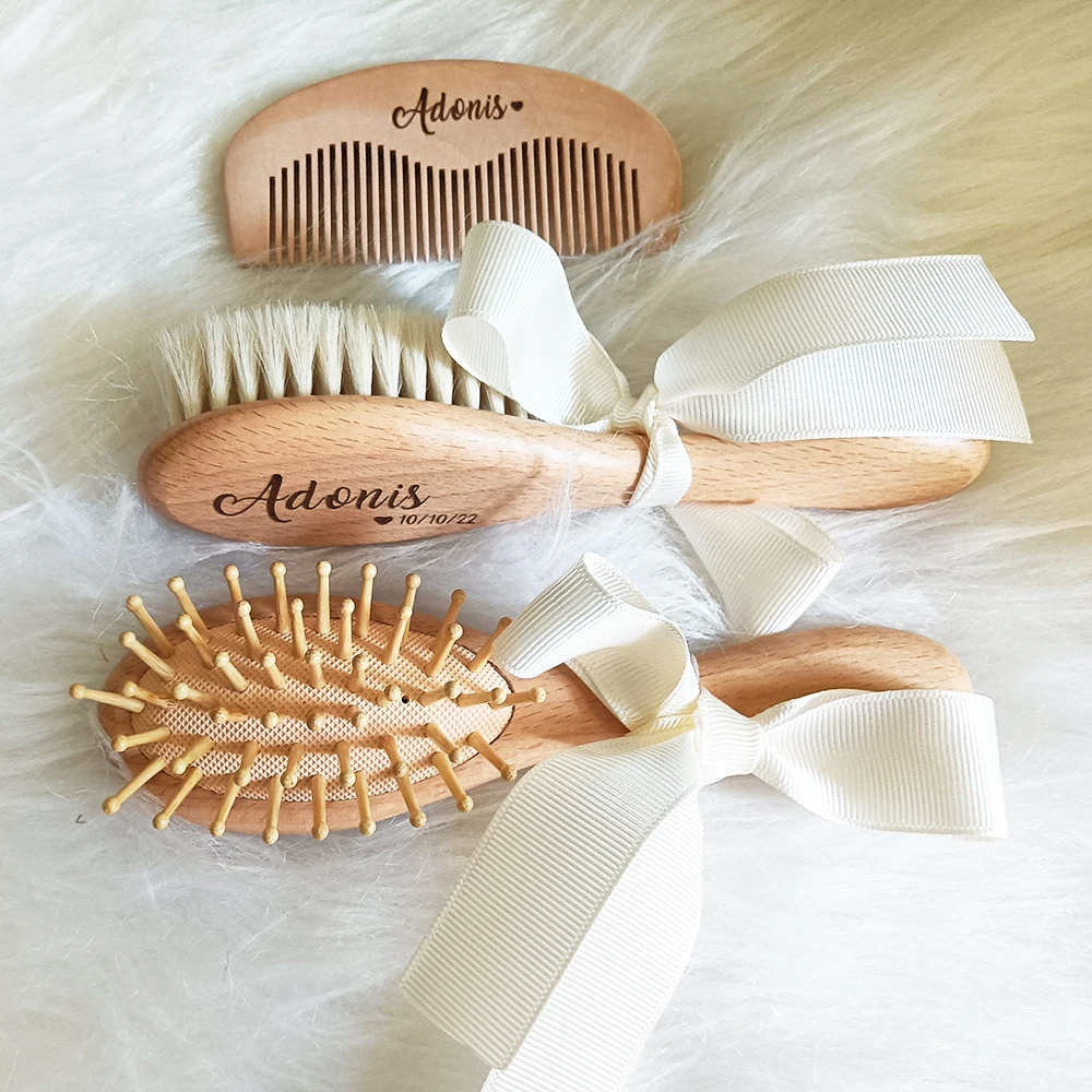 Baby Bathing Comb with Custom Name, Baby Care Hair Brush, Pure Natural Wool,  Newborn Massager, Baby Shower and Guests Gift