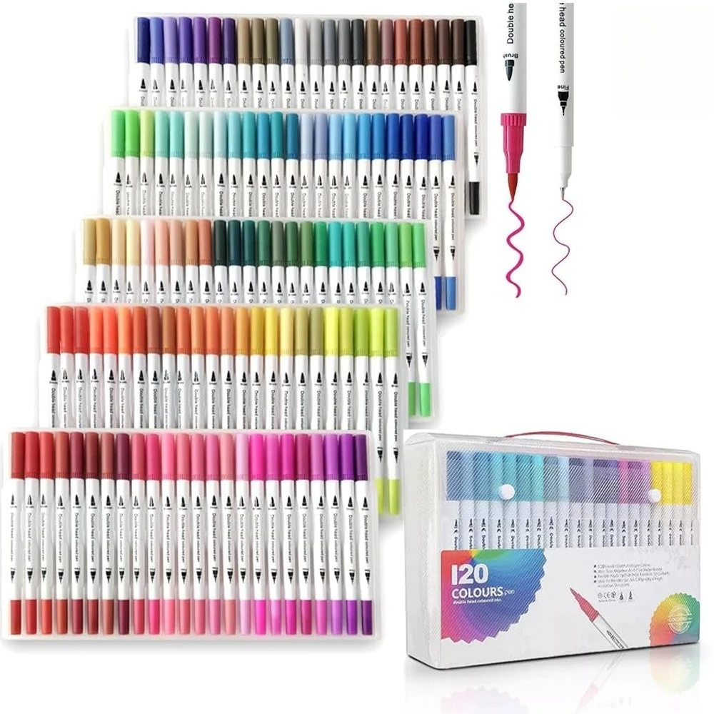 Kit Canetas Brush Pen Dupla Ponta 120 Cores Com Caderno Esboço Para Lettering Desenho Ilustração Presente