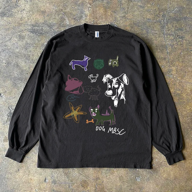 Heavyweight 300g Pure Cotton Long Sleeve T-Shirt American Retro Oversize Dog Zoo Theme Shirt by Xiao Chen Story Multi