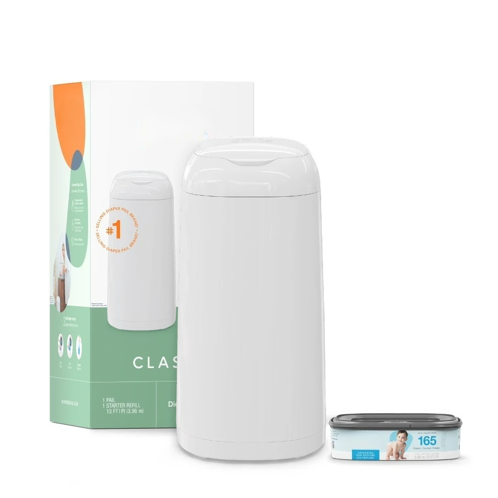 

White Diaper Pail with 1 Square Refill 165 Count Odor Control Sealing System for Nursery Baby Supplies