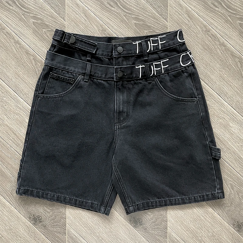 

Джинсовые шорты TUFF CROWD с вышивкой в американском уличном стиле, нишевый дизайн, черные повседневные джинсовые шорты с вышивкой