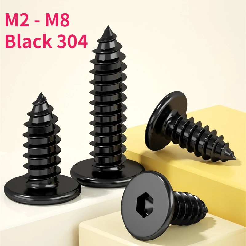 M2 - M8 Black 304 Stainless Steel Hex Hexagon Socket Ultra Thin Flat Wafer Allen Head Self-tapping Wood Screws Bolt