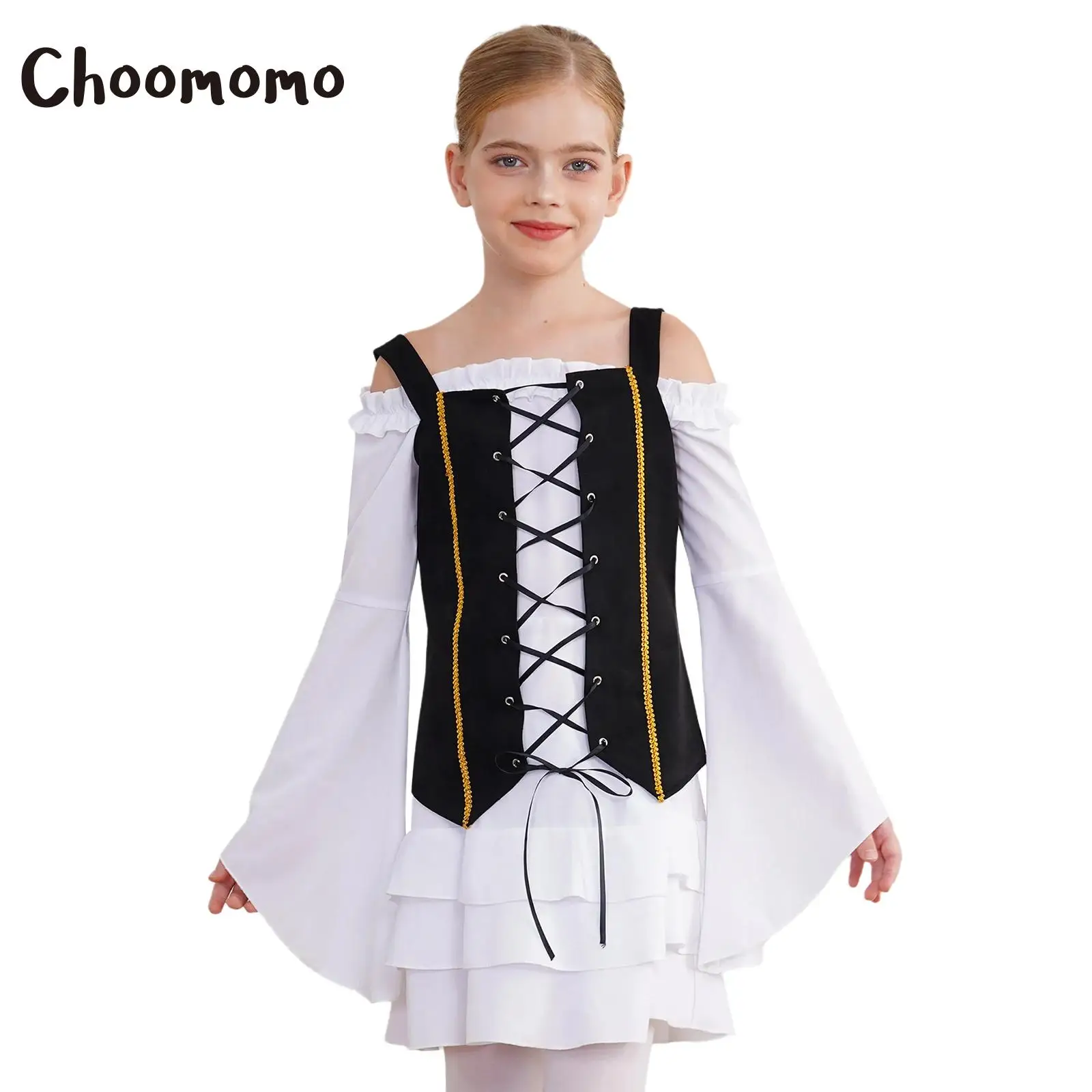 

Girls Halloween Pirate Costume Steampunk Sea Rover Tiered Ruffle Dresses Carnival Themed Party Cosplay Role Play Dress Up