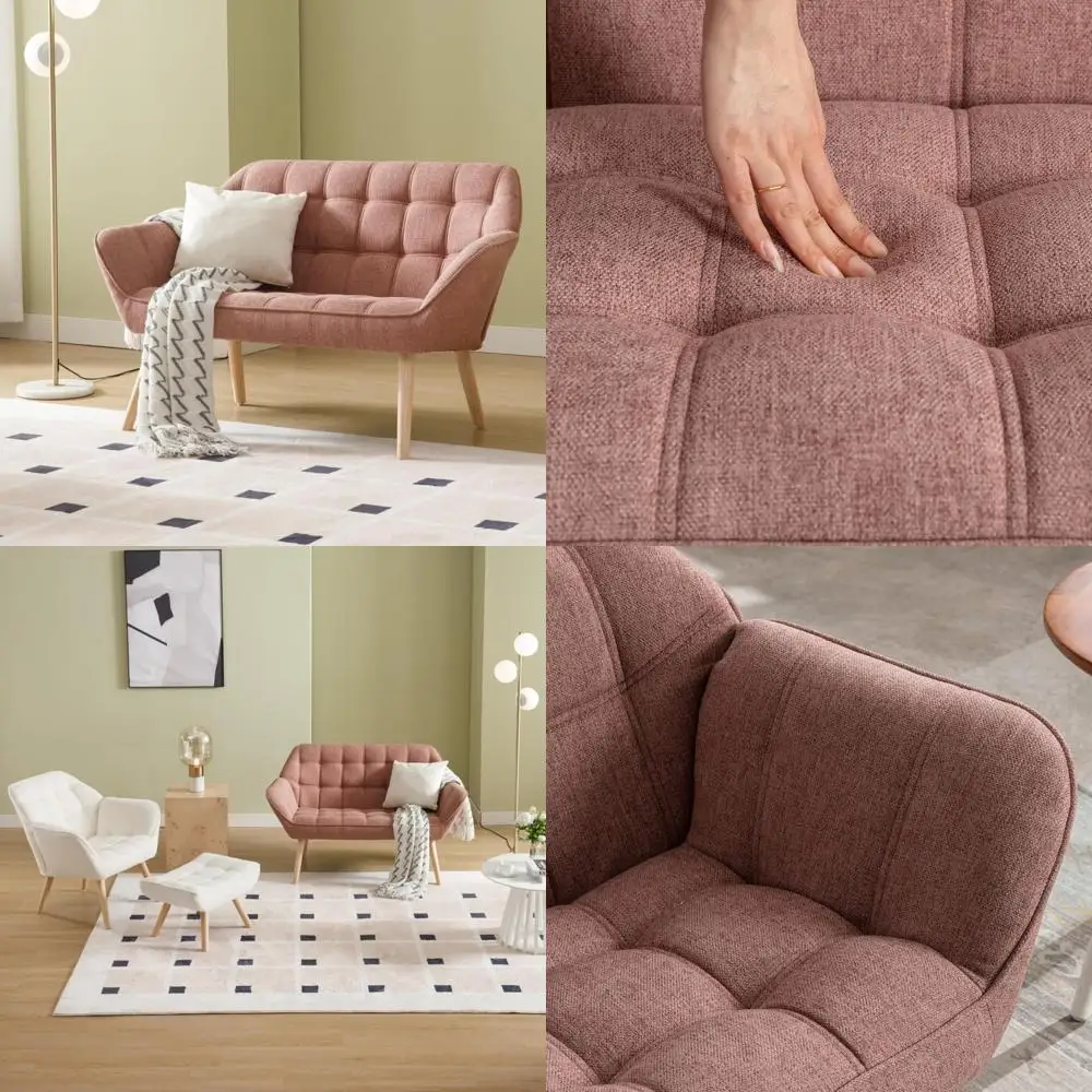 

modern 2-seater linen loveseat sofa with quilted backs and wooden legs for living room space