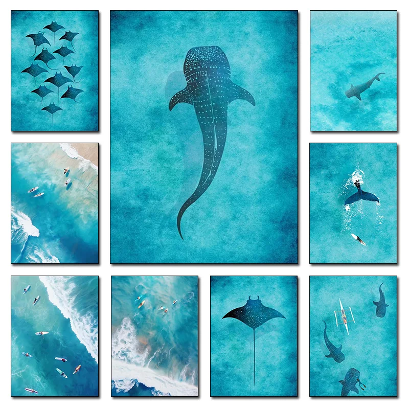 Blue Watercolor Ocean Marine Organism Whale Shark Manta Rays Poster Sea Beach Surf Canvas Painting Wall Art for Room Home Decor