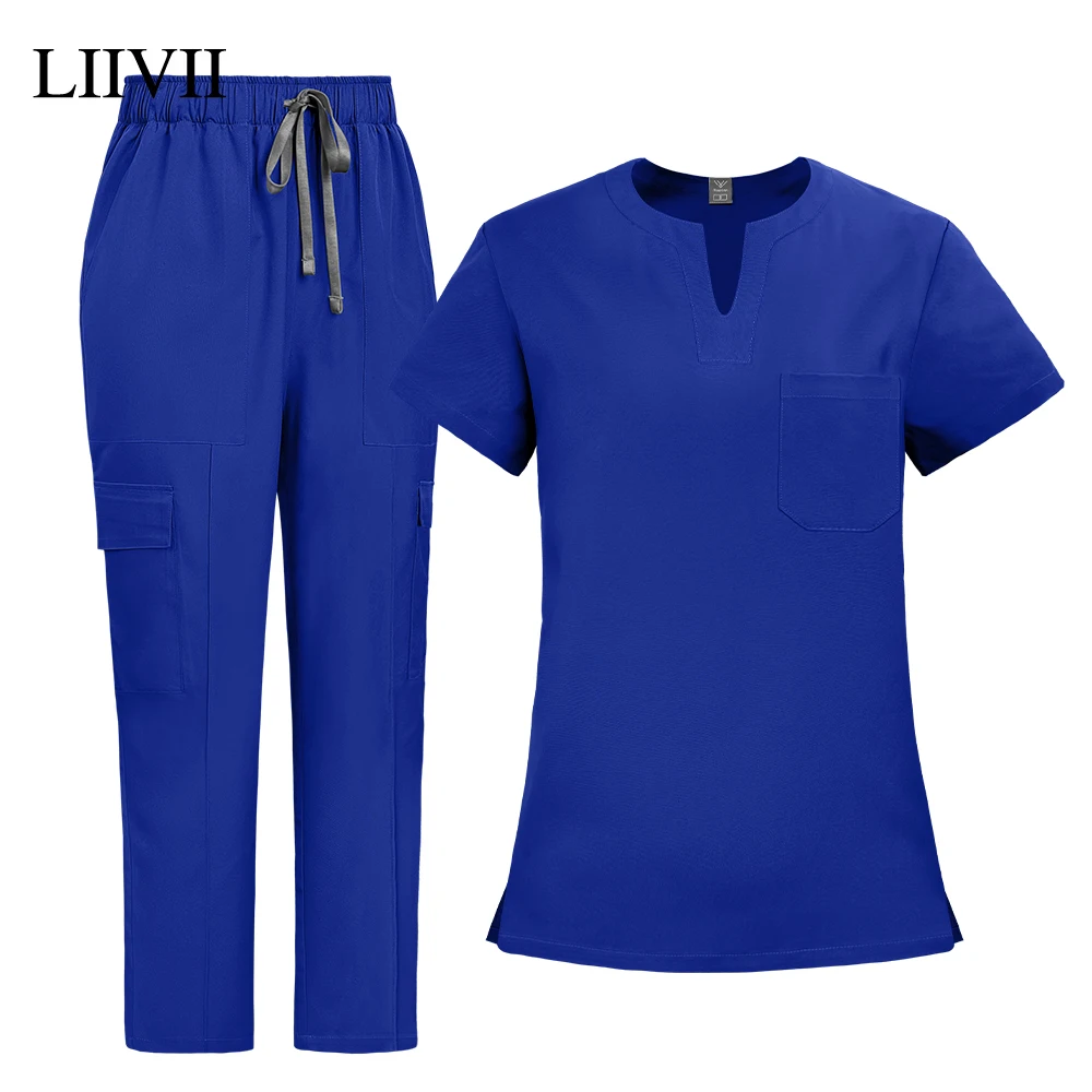 الدعك الطبية موحدة النساء ممرضة فرك مجموعة جيب علوي + السراويل 2 قطعة دعوى التمريض غرفة العمليات الملابس صالون تجميل ملابس العمل
