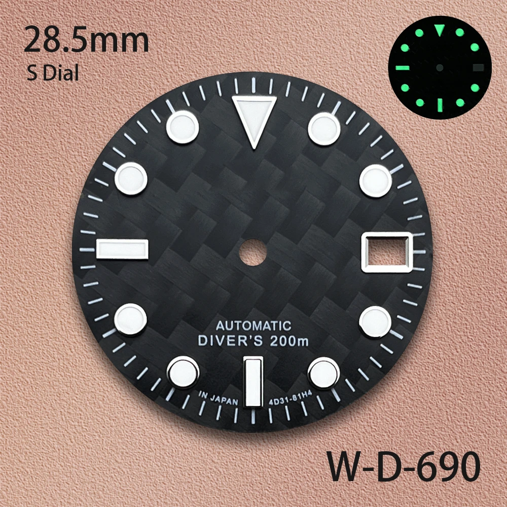 28.5mm S Logo Carbon Fiber Dial Fit NH35/NH36/4R/7S Movement Green Luminous Diving High-Quality Watch Modification Accessories