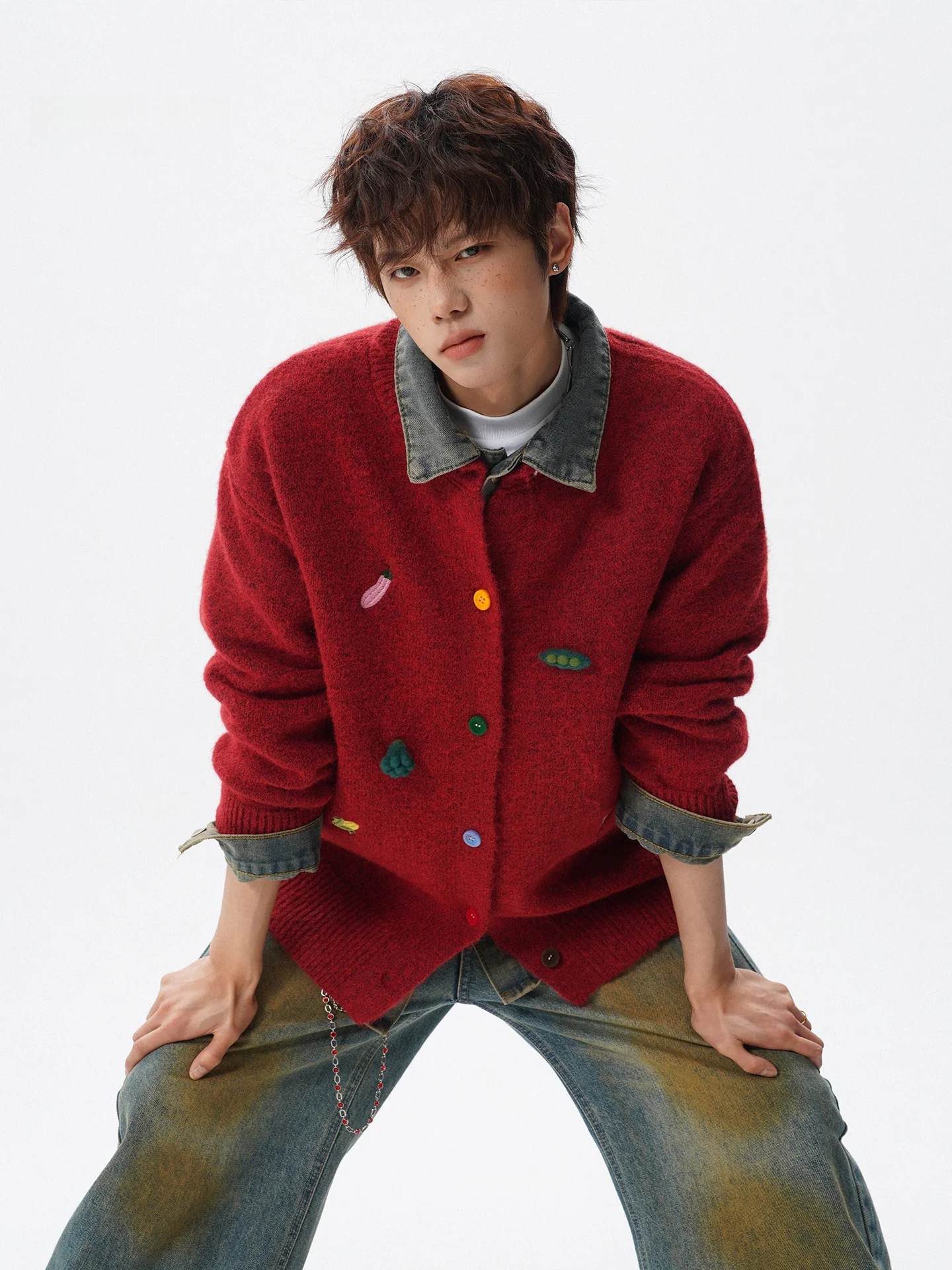 

Красный вязаный кардиган из верблюжьей шерсти для мужчин, осенне-зимний, плотный, в стиле Lazy, с символикой китайского зодиака