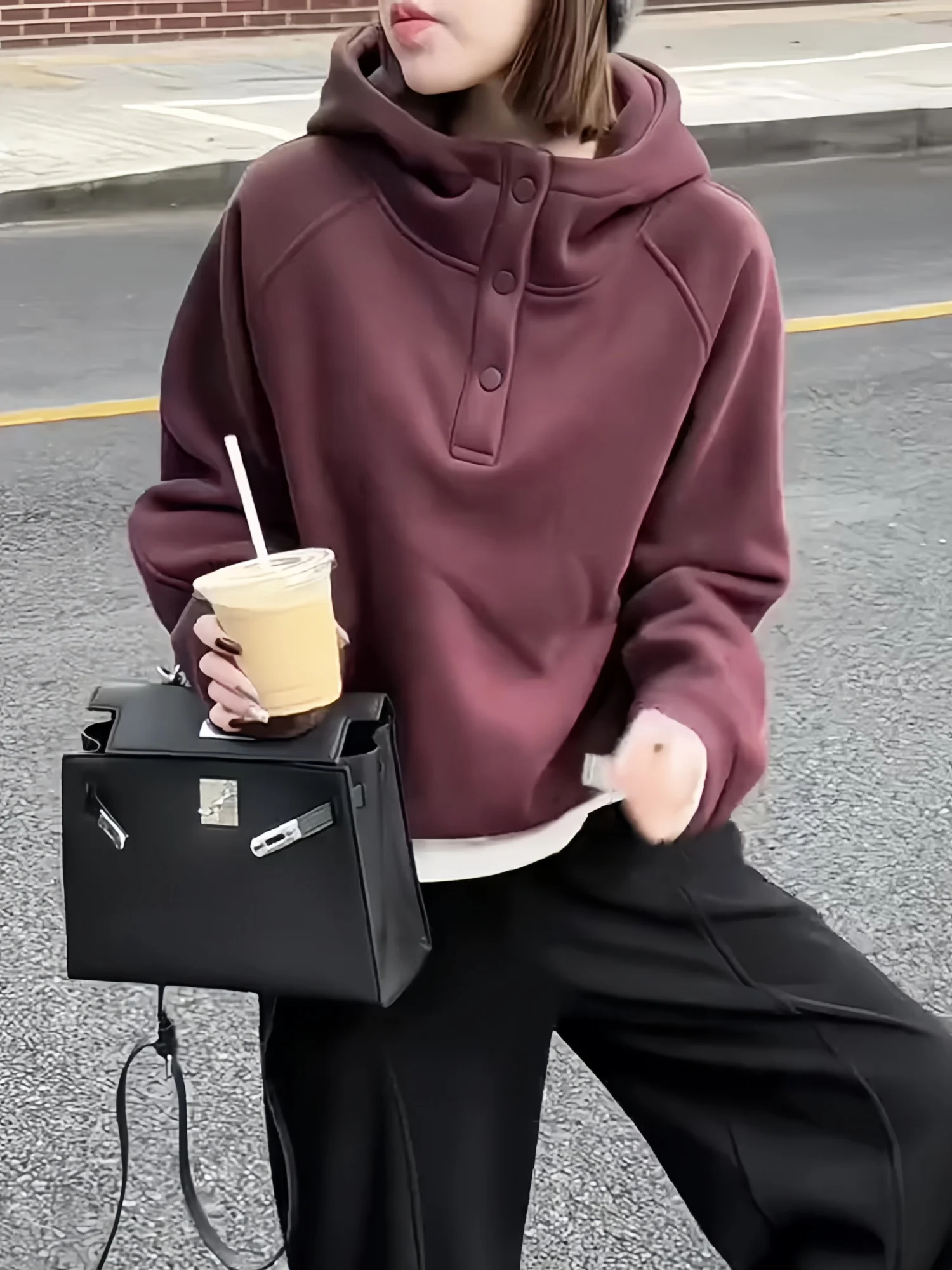 Lazin Sle Sweat à capuche Faion pour femme Coupe ample Velboa Inner Sve Longue fermeture éclair sur le devant Bouton unique Bot Dstring Oversiz...