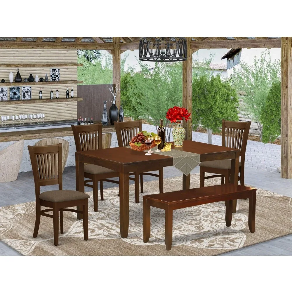 6 Piece Kitchen Set Contains a Rectangle Table with Butterfly Leaf and 4 Linen Fabric Dining Chairs with a Bench, 36x66 Inch