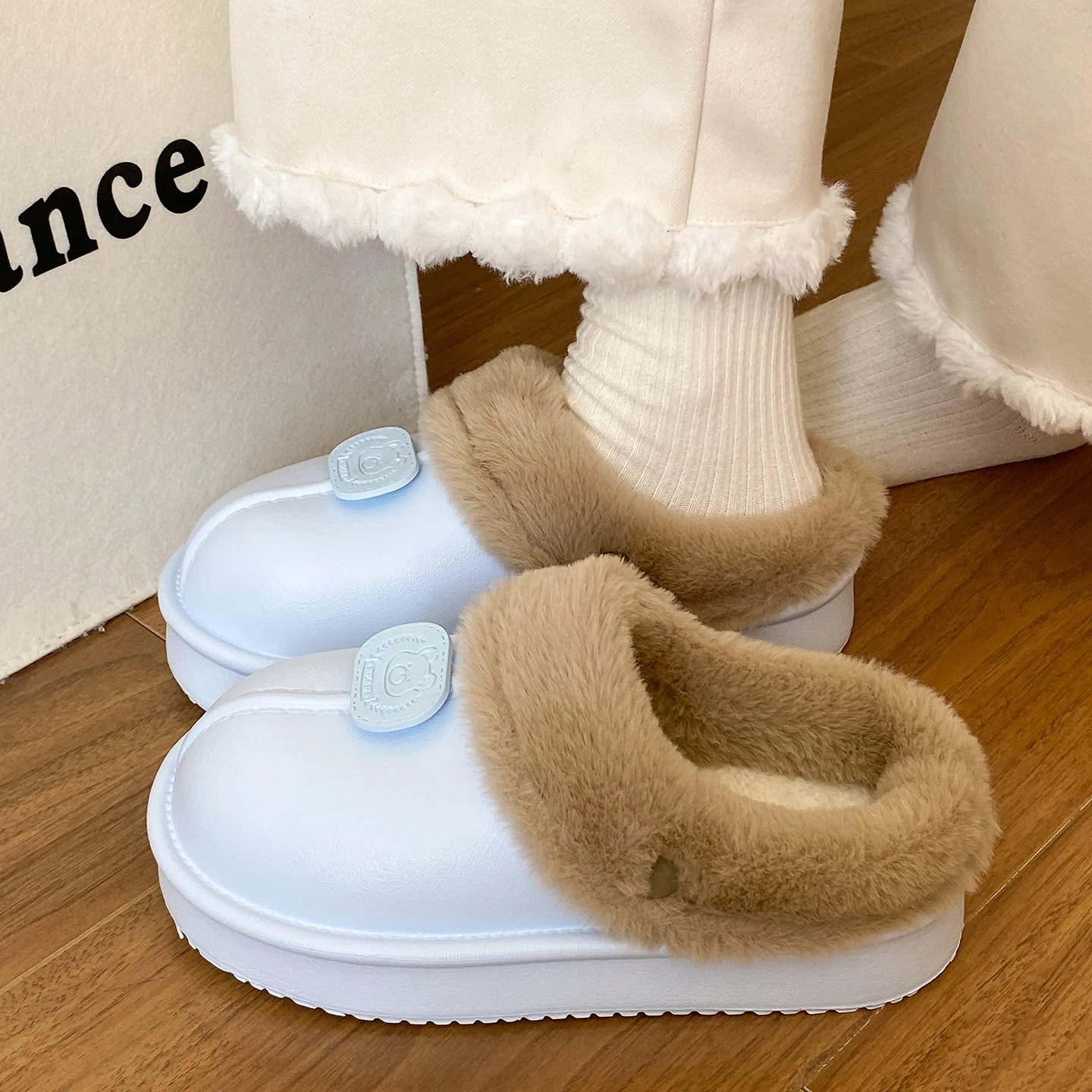 الخريف والشتاء ملابس خارجية غير رسمية خفيفة الوزن شقة سوليد نعال من القطن للنساء المنزل داخلي الصوف مبطن نعال من القطن الدافئ #3