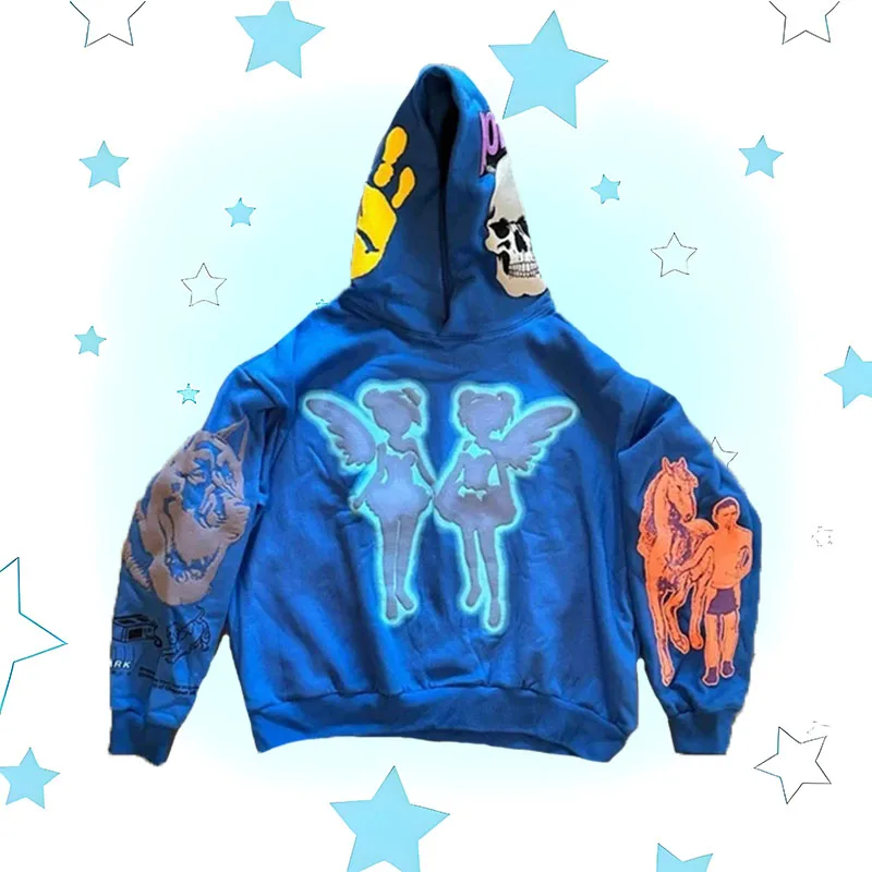 

Winter European and American hoodie pullover with children's skull lettering, dopamine men's hoodie, casual punk top