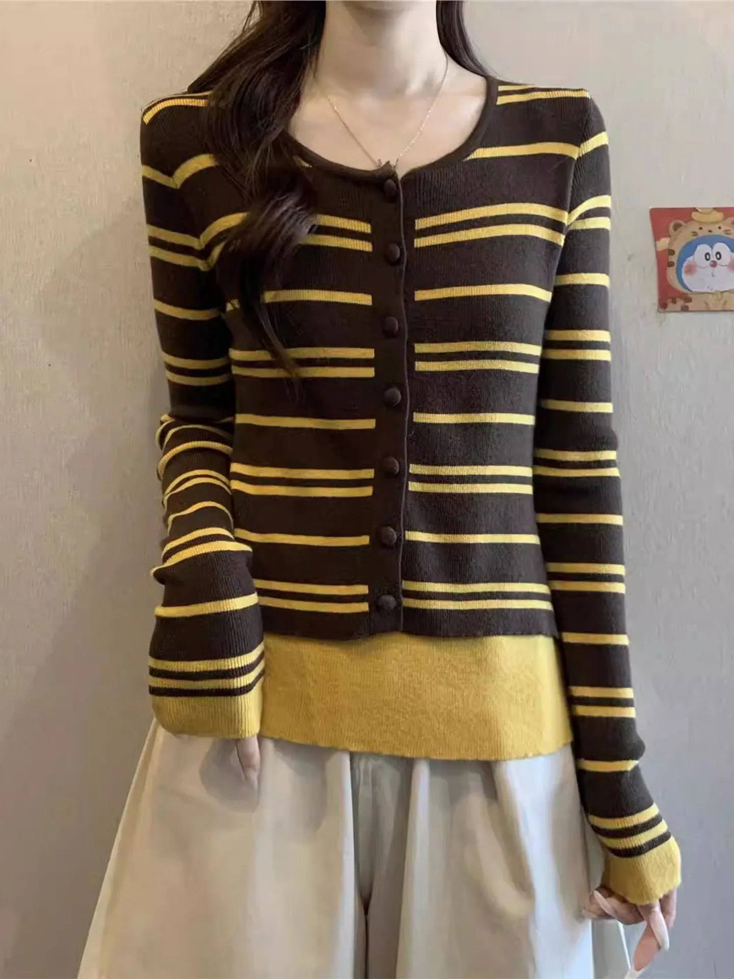 

Ele полосатый трикотаж Long Sve oulder Length Women's Faion Spring plus Size Sli Korean Sle Casual Fit irt