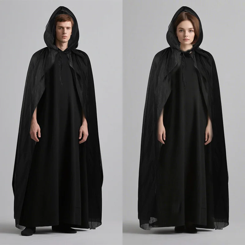 Masquerad Cloak Soft Unisex Hooded Black Robe Witch Long Cape Cosplay Costume Prop Party Performance Supplies Holiday Decoration