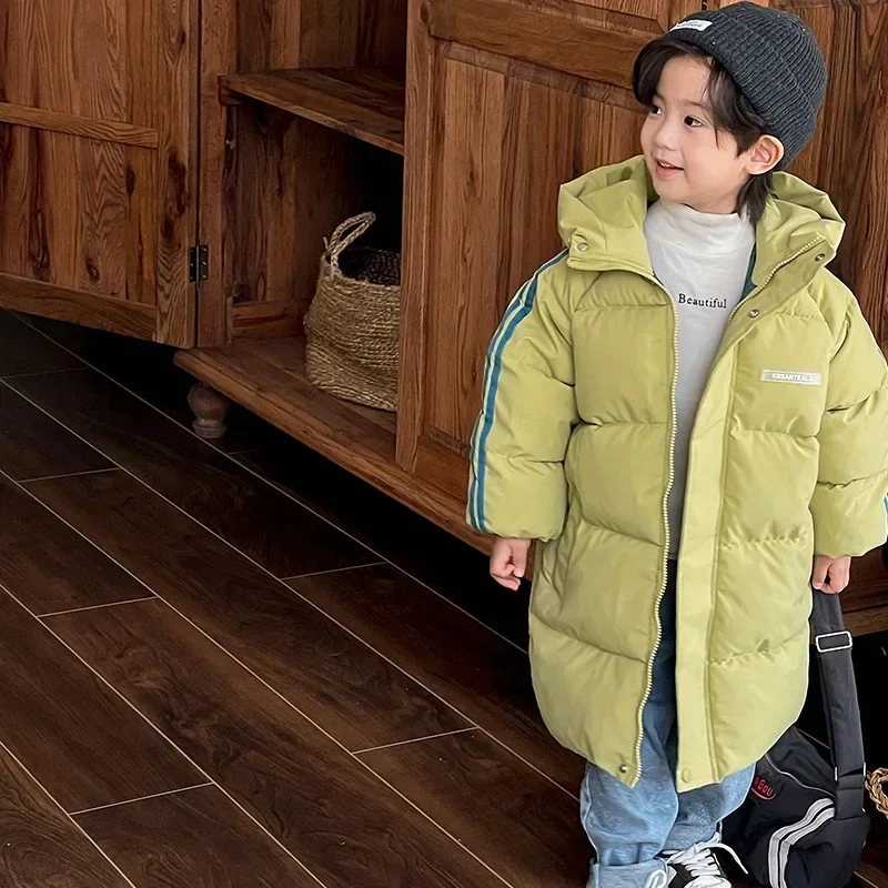 3-8Y Winter Korean Children X-Long Style Down Cotton Padded Jackets Baby Boys Girls Zipper Hooded Outwear Kids Thick Warm Parkas