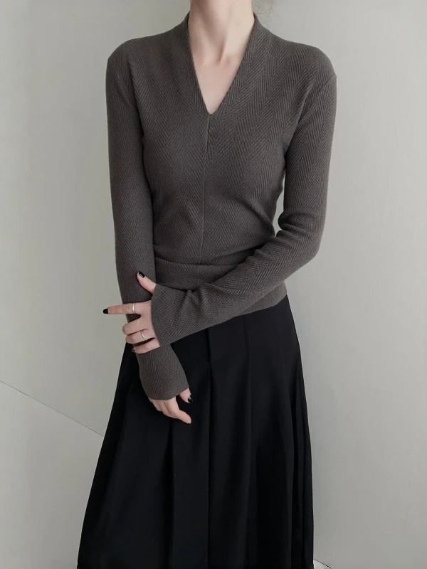 

Chic Korean Style Women's Knitted Base Shirt V-Neck Thickened Inner Wear Spring Autumn Fashion Early Spring Warm Top