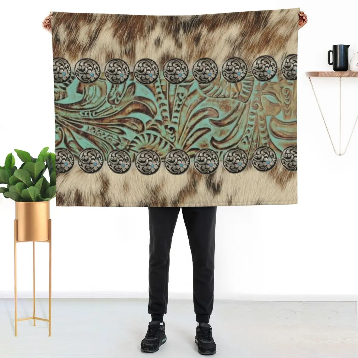 Rustic brown beige teal western country cowboy fashion Throw Blanket Stylish Couch Blanket for Home Living Room