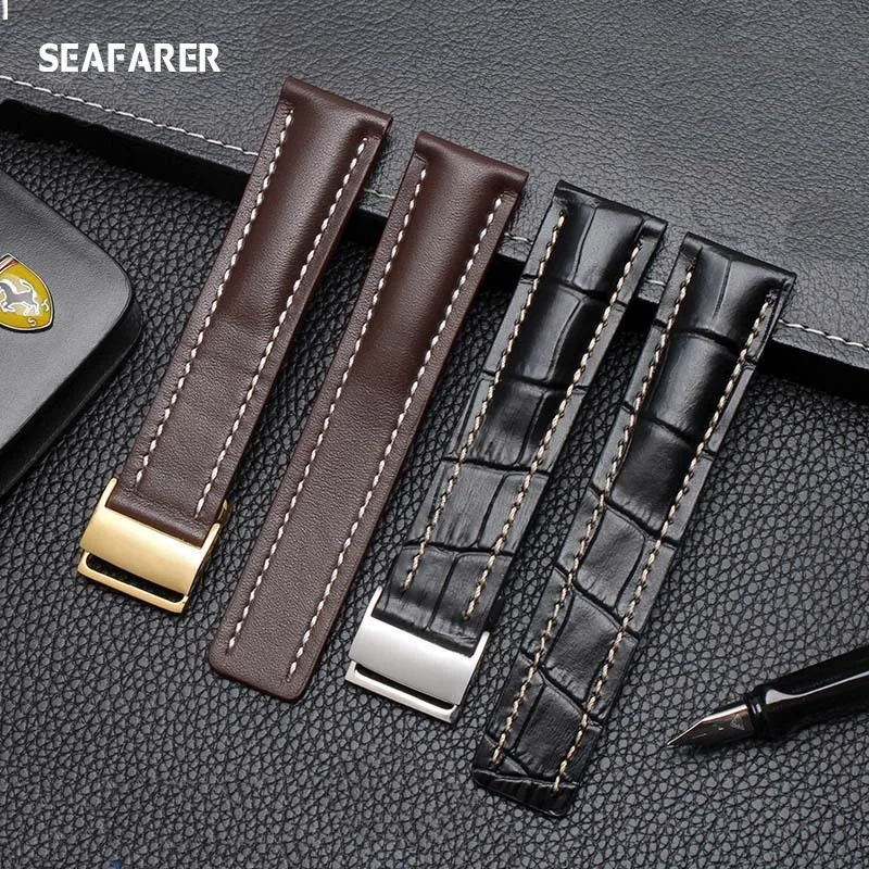 Dark Blue Black Brown Genuine Leather Watch Strap for Breitling Omega Planet Ocean Seamaster 300 Speedmaster Bracelet 20mm 22mm