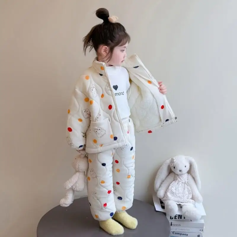 

Зимний комплект пижам для девочек: трехслойный, хлопковый, утепленный, на флисовой подкладке, теплая домашняя одежда для детей и малышей