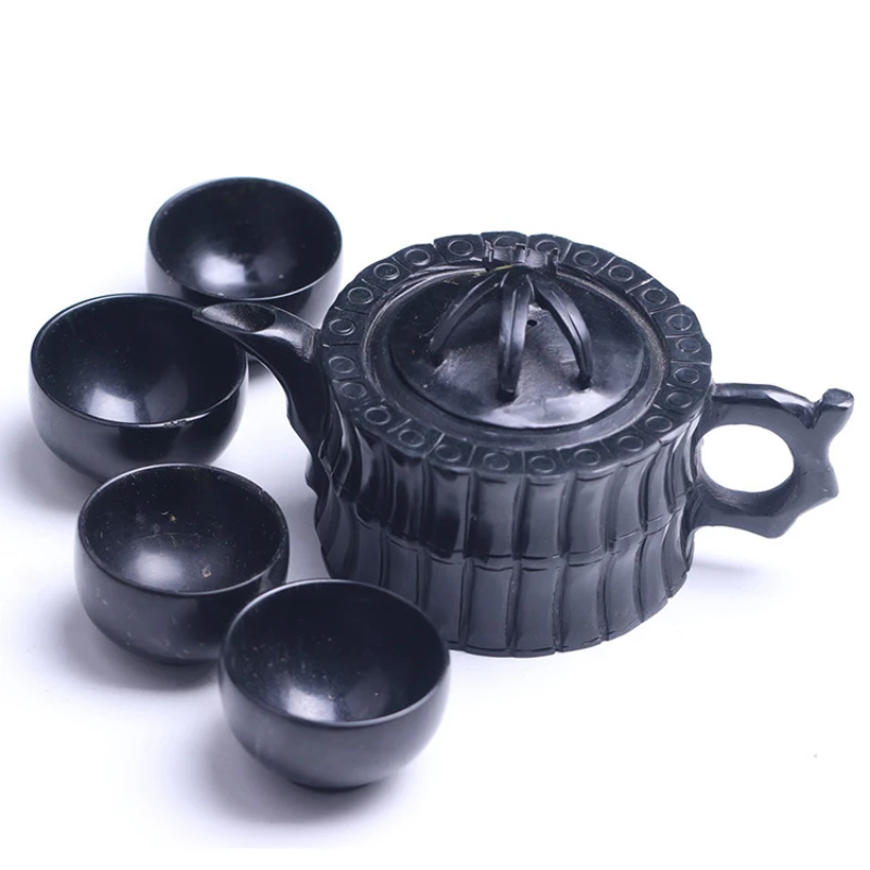 Medicine King Stone Tea Set, Bule de Jade Escuro, Teacup Serpentine, Olive Green Meteorite Pot