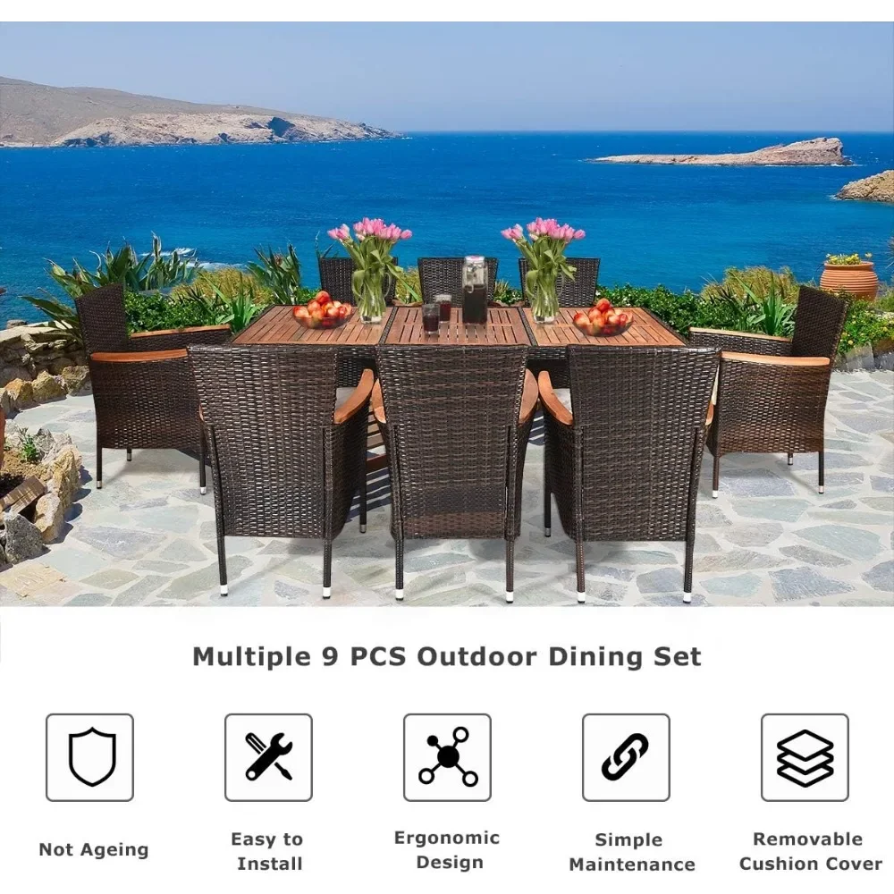 Outdoor Dining Set,With Waterproof Upholstered CushionStackable Armrest Chairs, 9 Piece Outdoor Garden Furniture Set