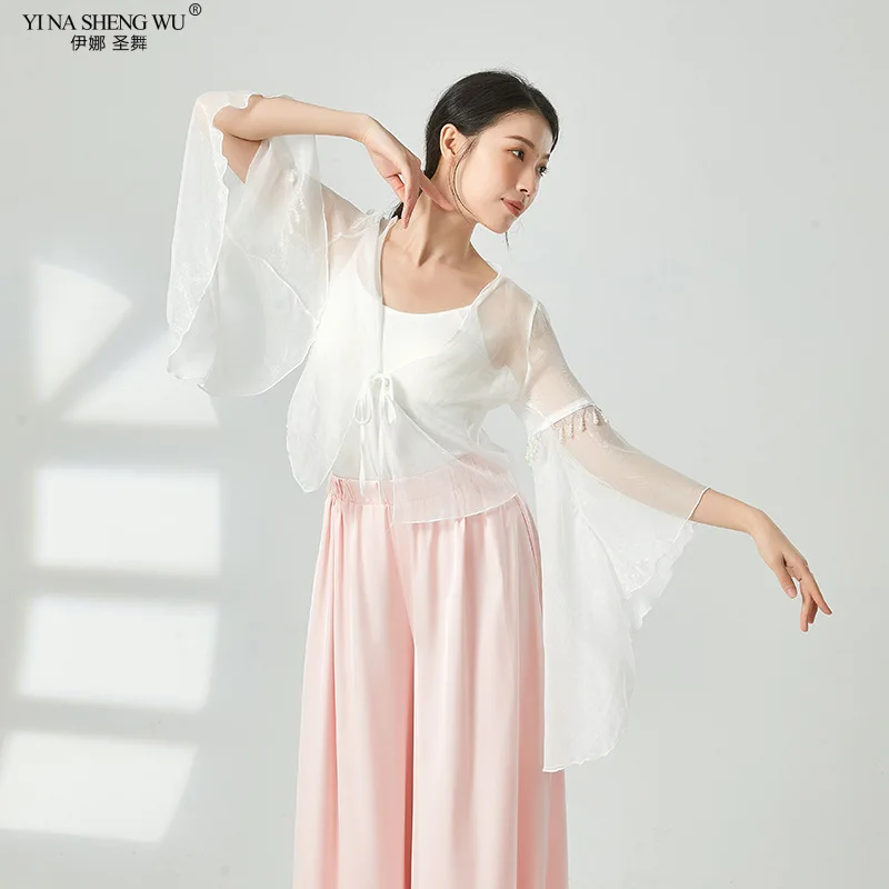 Classical Dance Top Women\'s Gauze Clothing Chinese Folk Dance Practice Costume Horn Sleeve Cardigan Elegant Performance Clothes